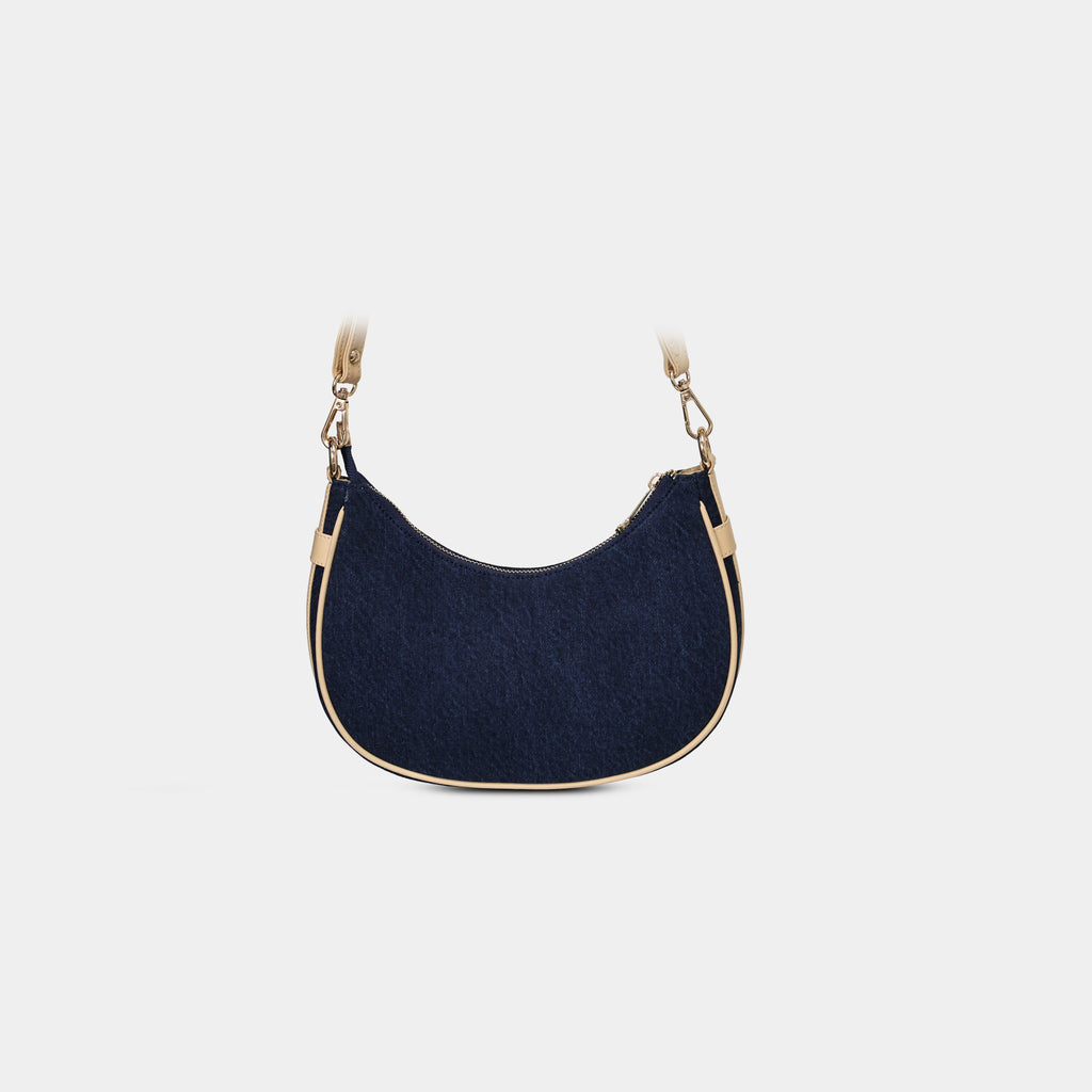 Centered back view of Purpleberry Moda blue denim crescent sling bag