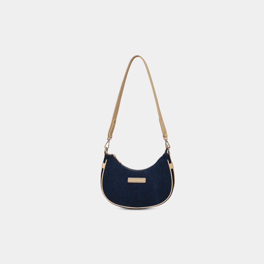 Purpleberry Moda blue denim sling bag with adjustable beige shoulder strap full view
