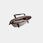 Top Angled perspective of multicolor Prism canvas tote, highlighting  internal long view of accessories 