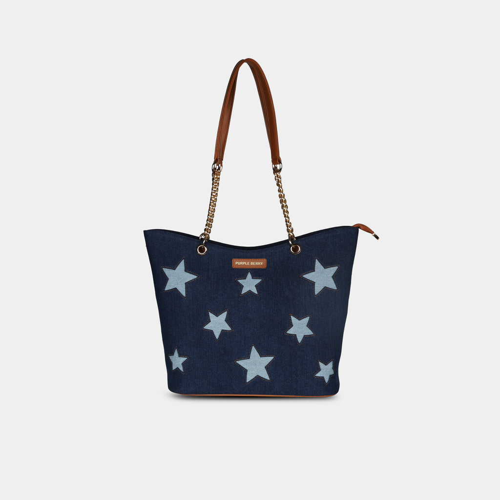 Blue Stella star canvas handbag with bold contrasting star design
