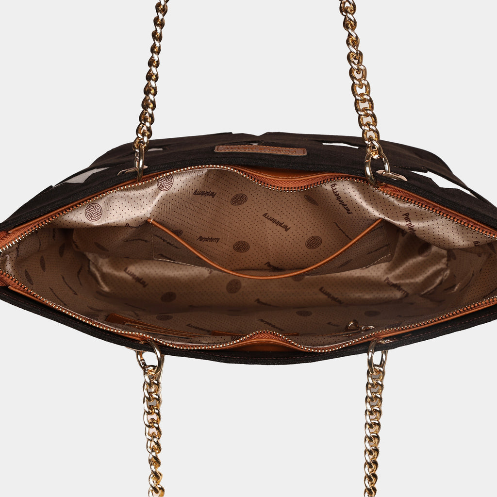 Close-up of dual-tone gold chain and vegan leather shoulder strap