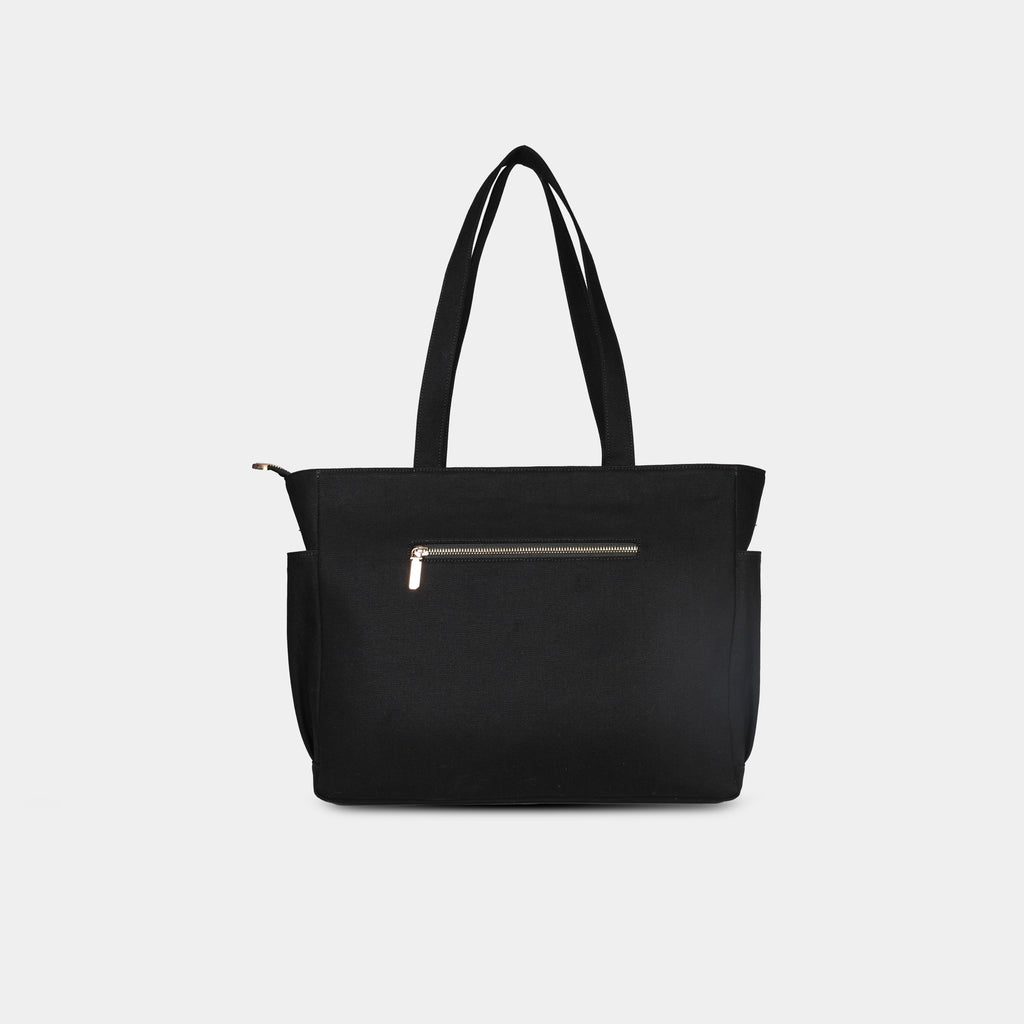 Back view of black canvas tote with secure zipper pocket