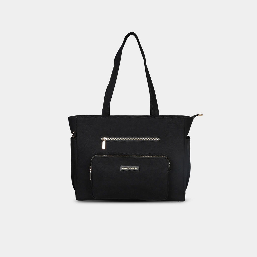 Black Universe large canvas tote bag with multiple front pockets