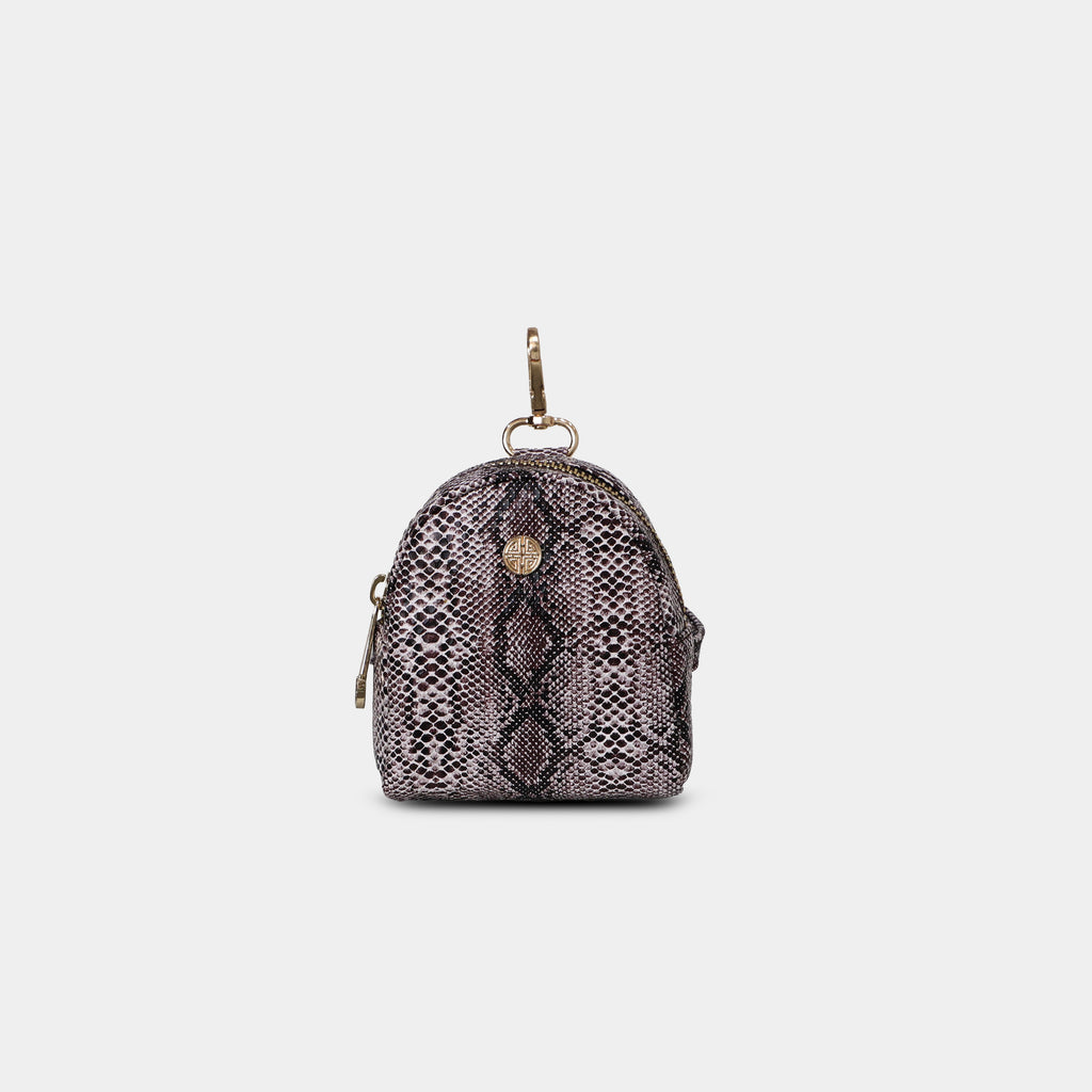 Purpleberry Viper taupe snake print micro backpack pouch front view