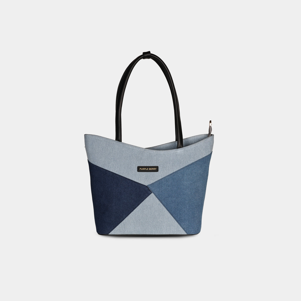 Yuvati geometric light blue denim handbag with multi-tone patchwork design