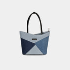 Yuvati geometric light blue denim handbag with multi-tone patchwork design