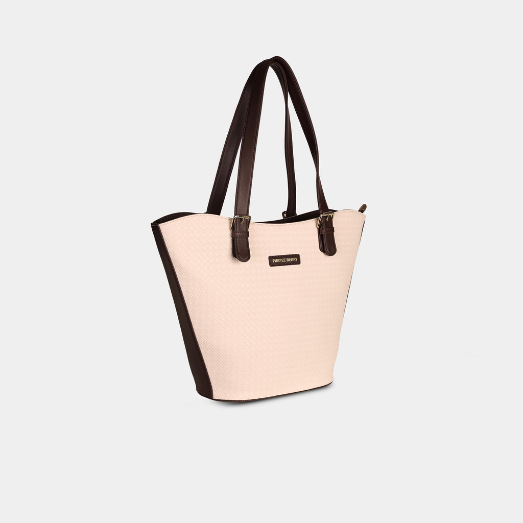 Beige Siena woven handbag with architectural flared silhouette and contrasting brown straps – angled front view