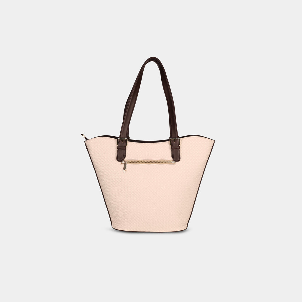 Back view of beige Siena woven faux leather handbag with secure zipper pocket and smooth brown trim