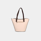 Back view of beige Siena woven faux leather handbag with secure zipper pocket and smooth brown trim