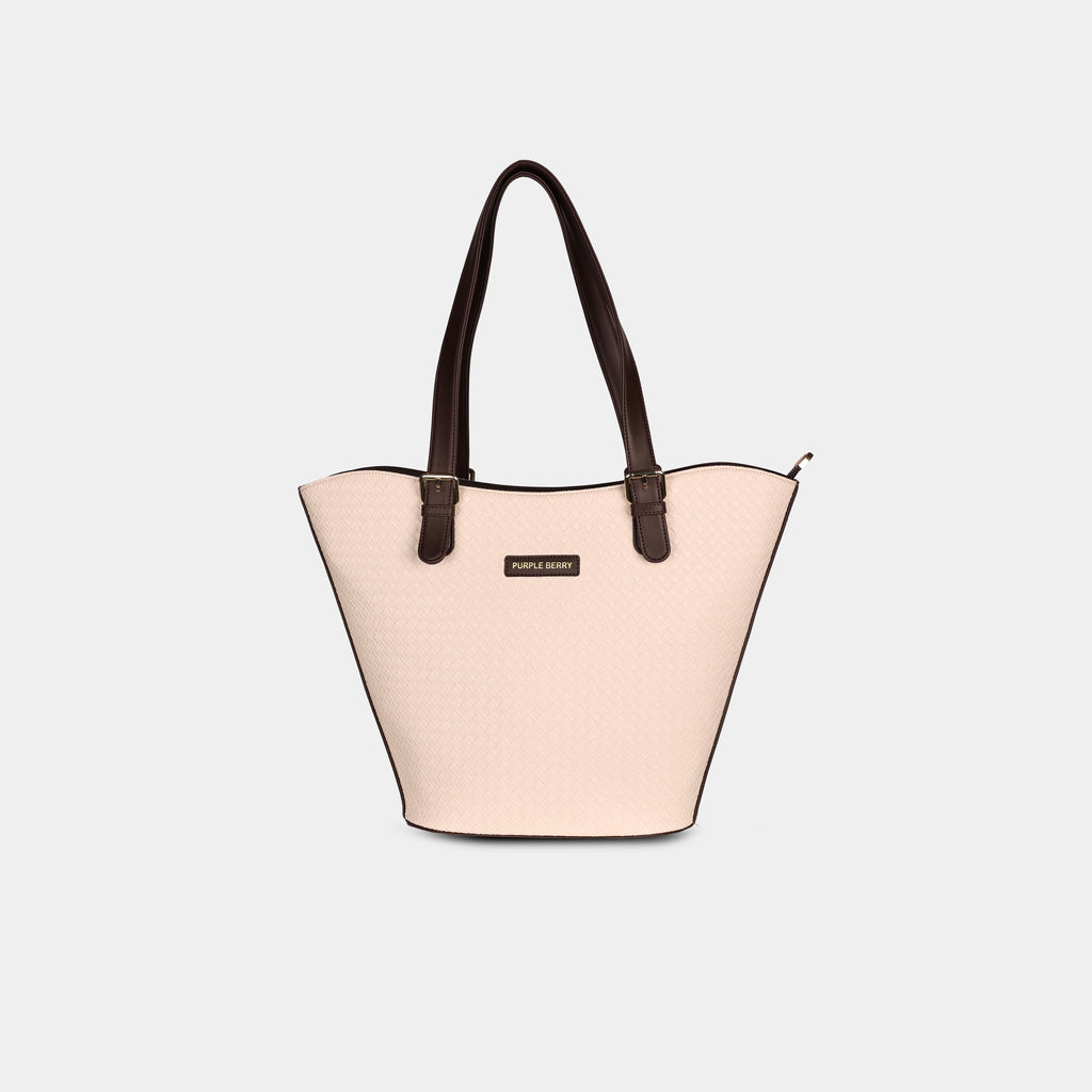 Purpleberry Siena woven faux leather handbag in beige with dark brown shoulder straps – front view showing flared fan shape