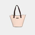 Purpleberry Siena woven faux leather handbag in beige with dark brown shoulder straps – front view showing flared fan shape