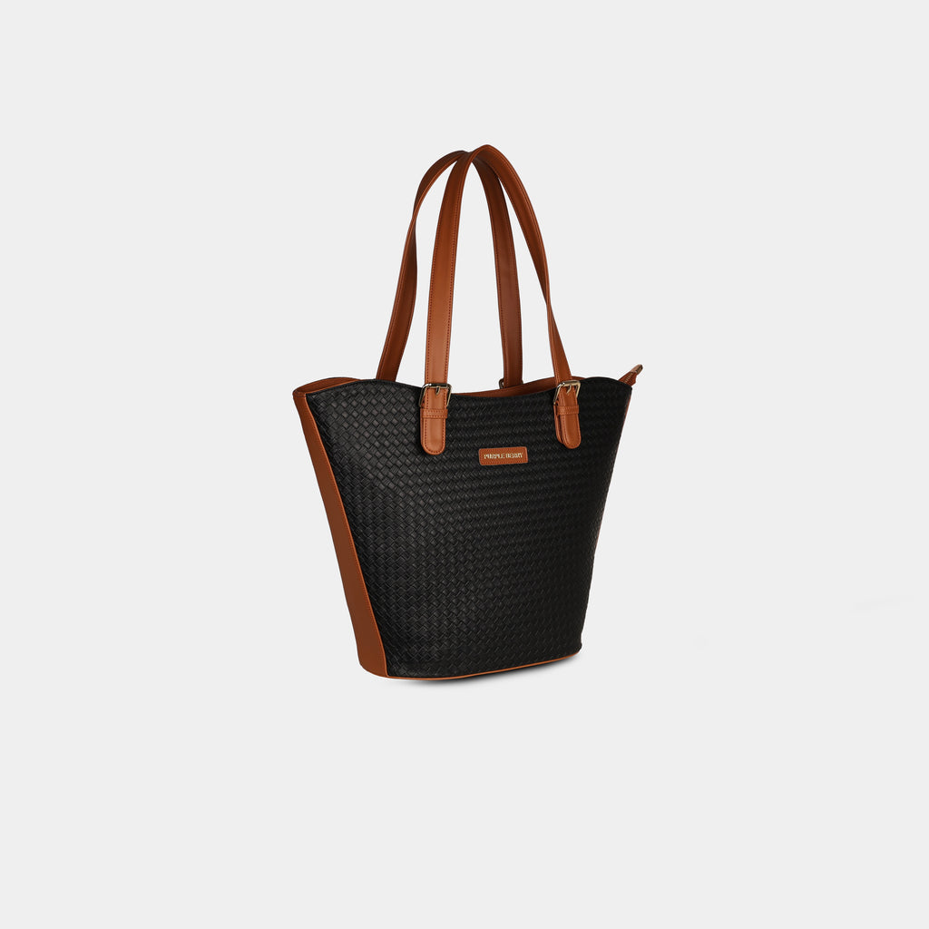 Black Siena woven handbag with structured fan shape and dual shoulder straps – angled perspective