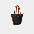 Black Siena woven handbag with structured fan shape and dual shoulder straps – angled perspective