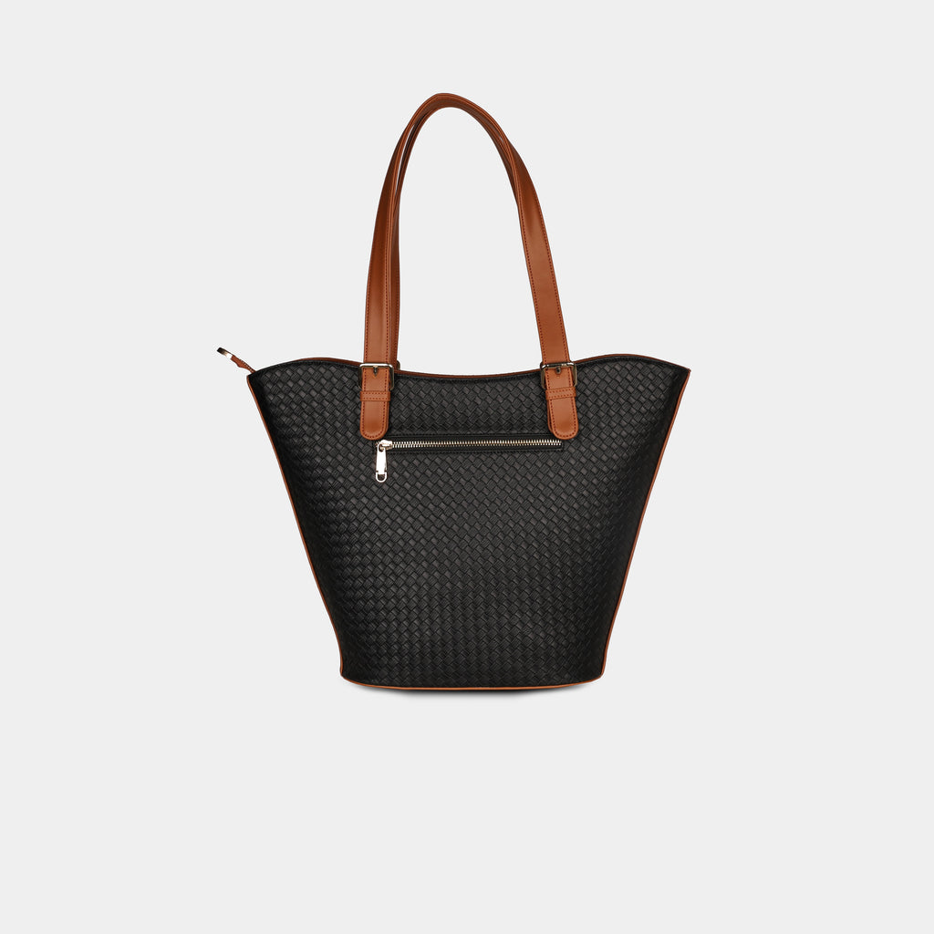 Back view of black Siena woven handbag featuring secure zipper pocket