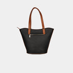 Back view of black Siena woven handbag featuring secure zipper pocket