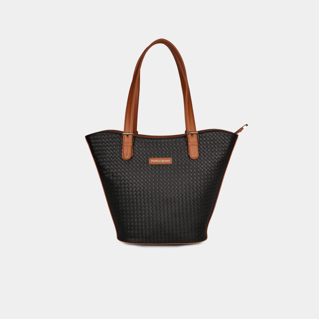 Purpleberry Siena woven faux leather handbag in black with matching shoulder straps – front view highlighting flared design
