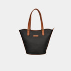 Purpleberry Siena woven faux leather handbag in black with matching shoulder straps – front view highlighting flared design