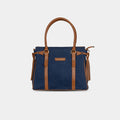 Purpleberry Tassel Denim Handbag in deep navy blue with tan vegan leather trims and structured top handles 