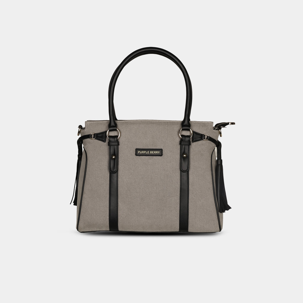 Purpleberry Tassel Denim Handbag in light grey with tan vegan leather trims – front view
