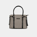 Purpleberry Tassel Denim Handbag in light grey with tan vegan leather trims – front view