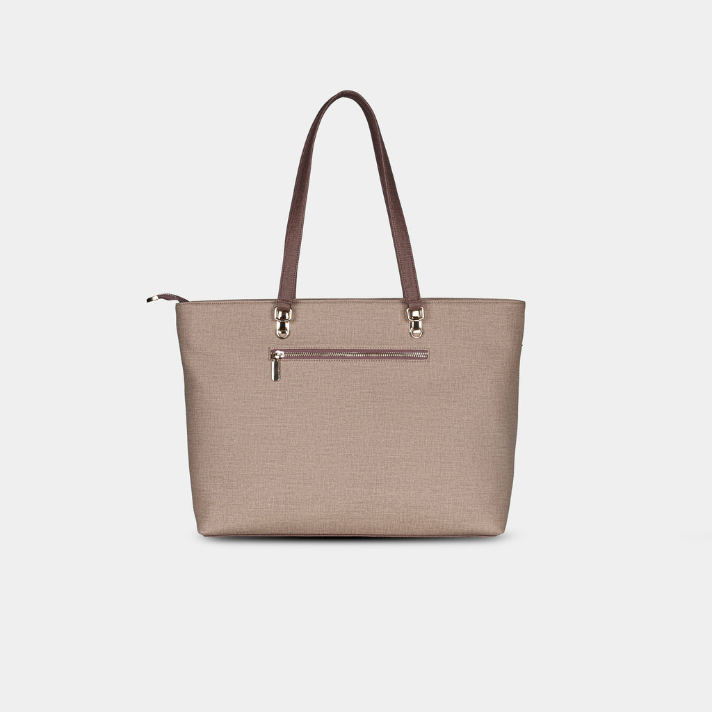 Back zipper pocket detail on Terra mocha work tote bag