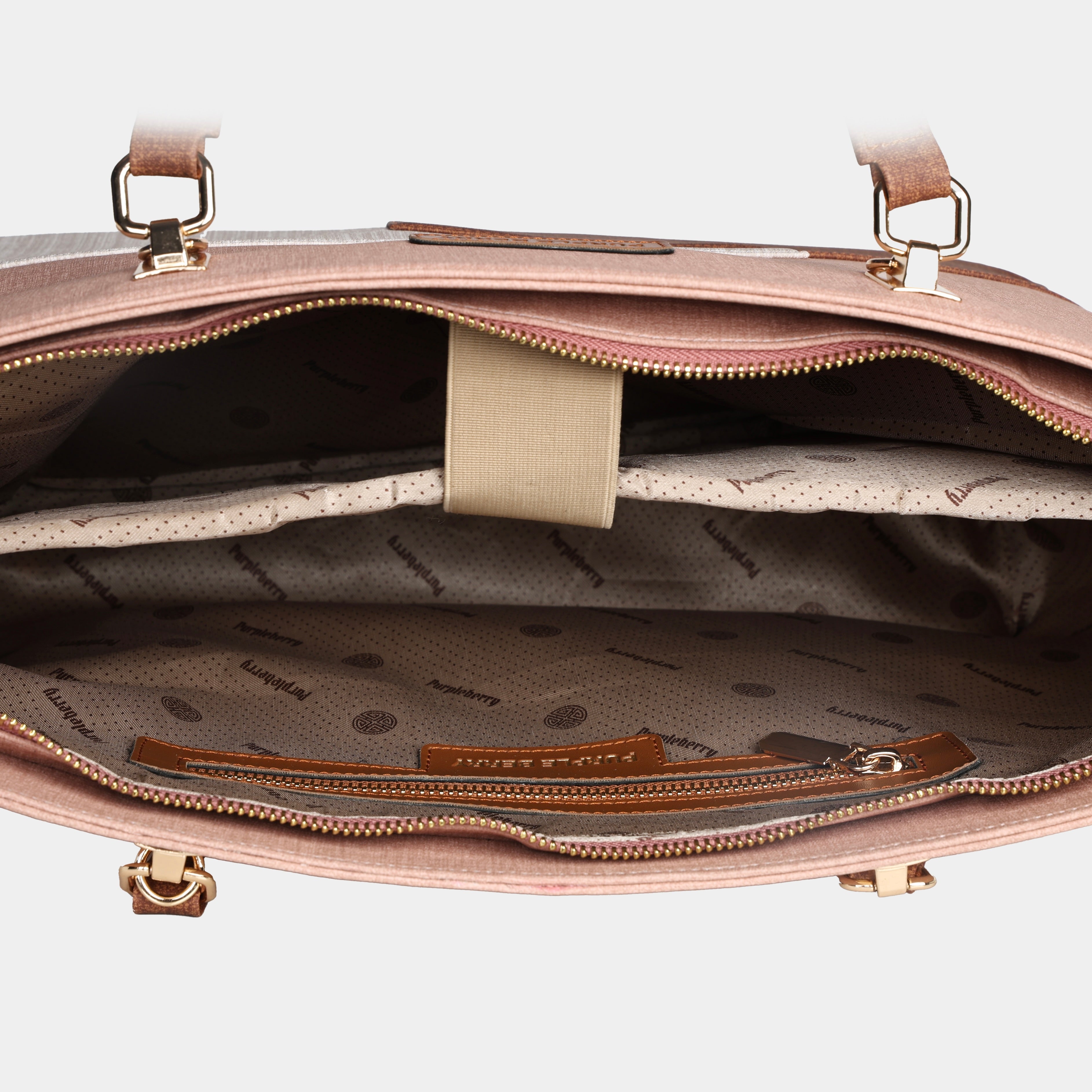 Interior of Terra pink office tote showing padded 14 inch laptop sleeve with secure strap